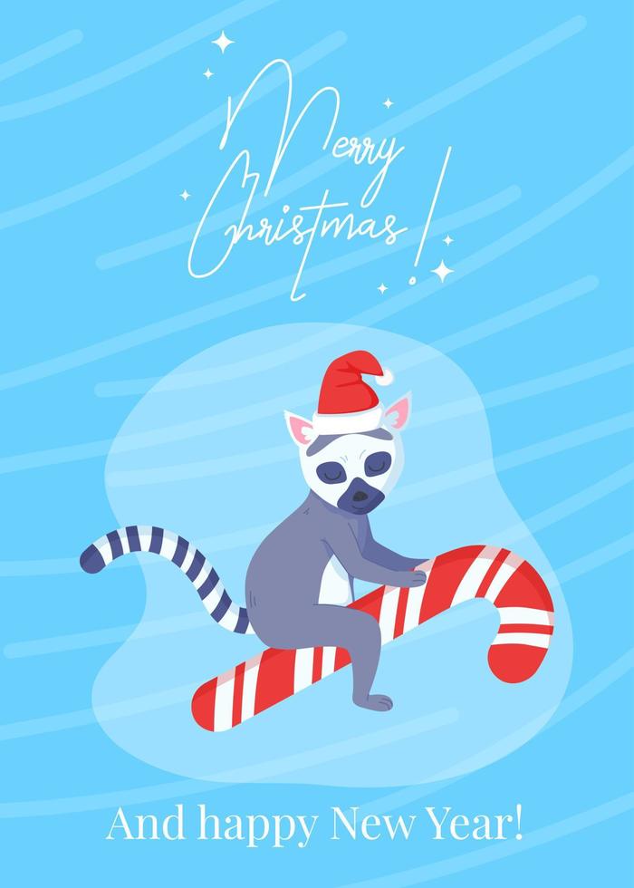 divertente lemure nel Natale cappello su il caramella canna saluto carta. azione vettore illustrazione isolato su un' bianca sfondo nel piatto cartone animato stile