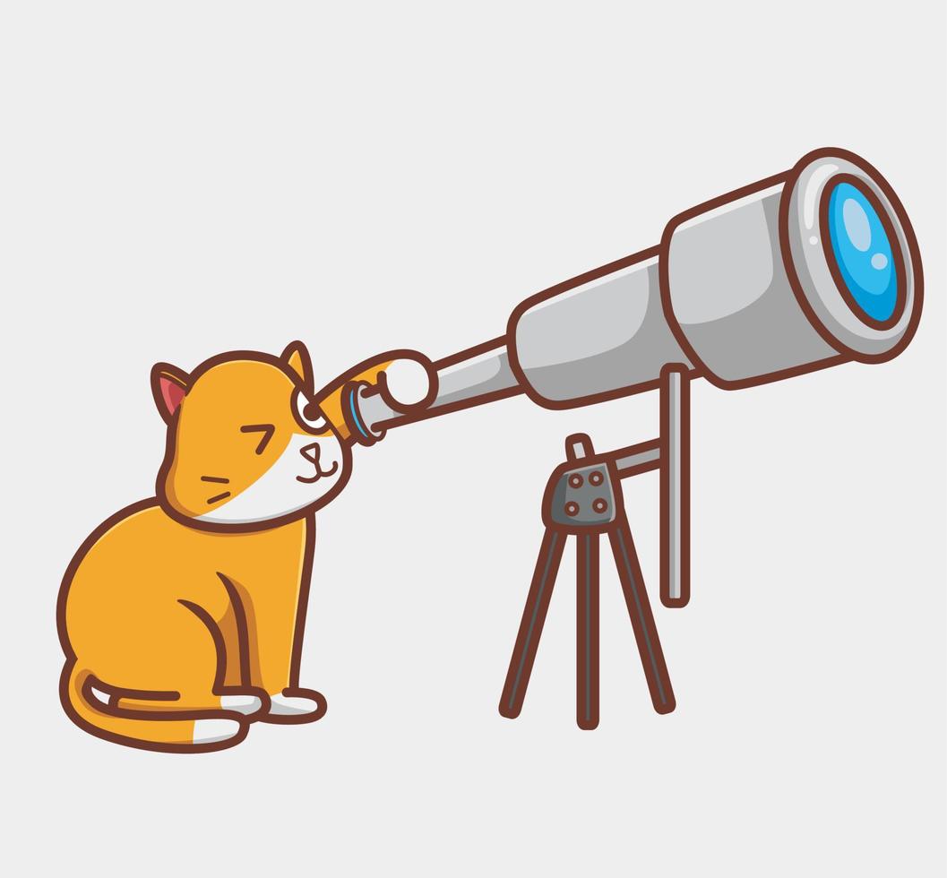 carino gatto utilizzando un' binocolo telescopio. cartone animato animale isolato piatto stile etichetta ragnatela design icona illustrazione premio vettore logo portafortuna personaggio oggetto