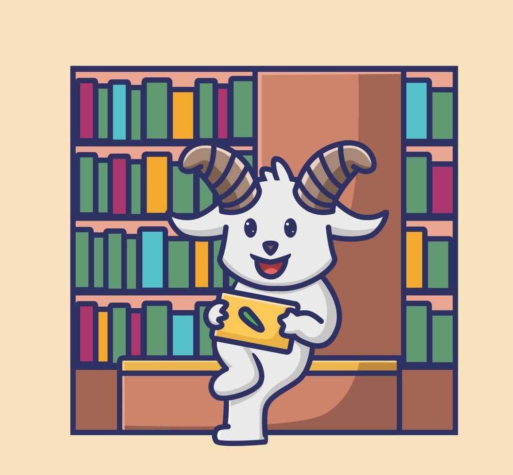 carino capra lettura su biblioteca. animale cartone animato isolato piatto stile etichetta ragnatela design icona illustrazione premio vettore logo portafortuna personaggio