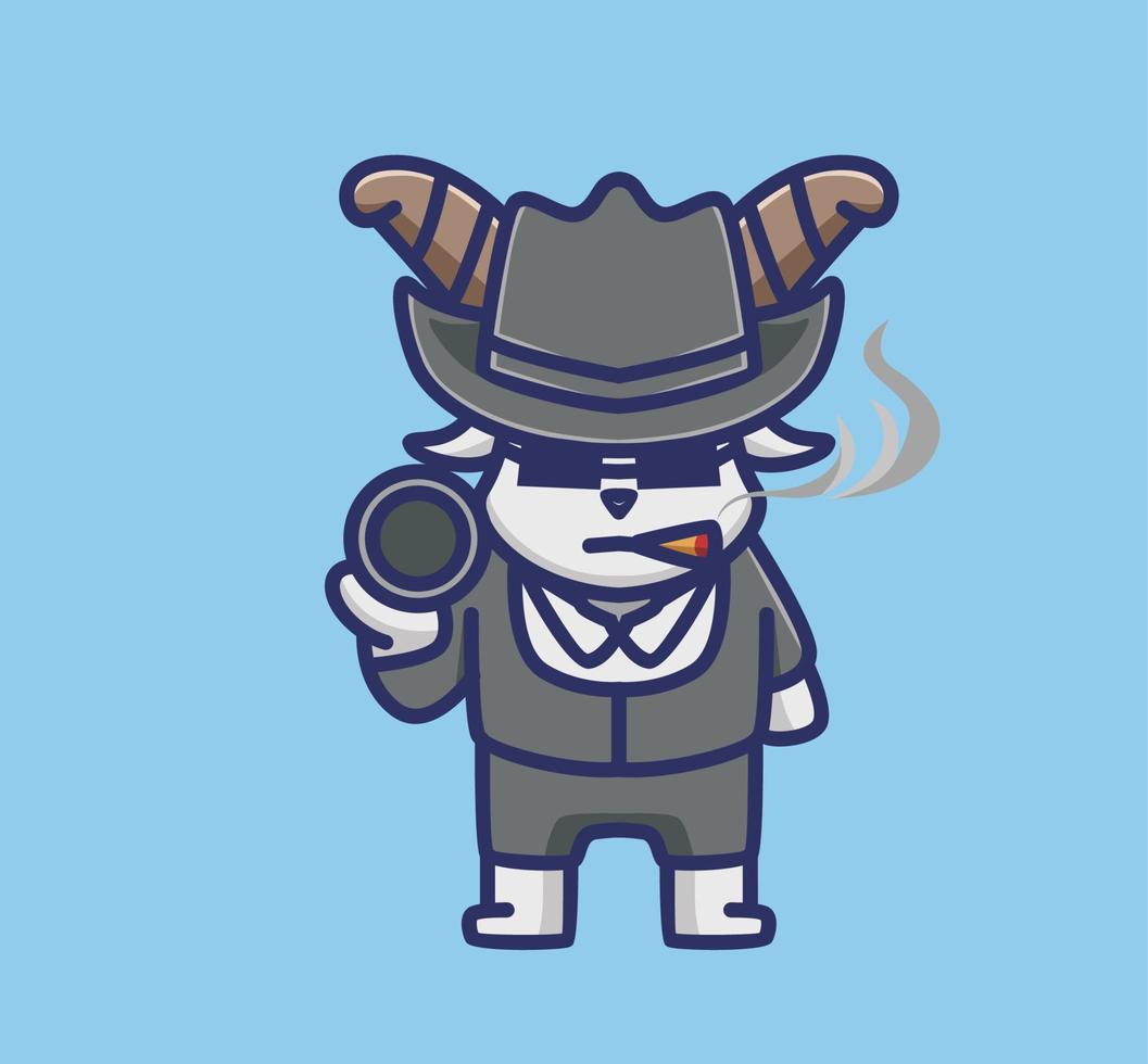 carino mafia capra indossare nero completo da uomo e sull'orlo un' pistola. animale piatto cartone animato stile illustrazione icona premio vettore logo portafortuna adatto per ragnatela design bandiera personaggio