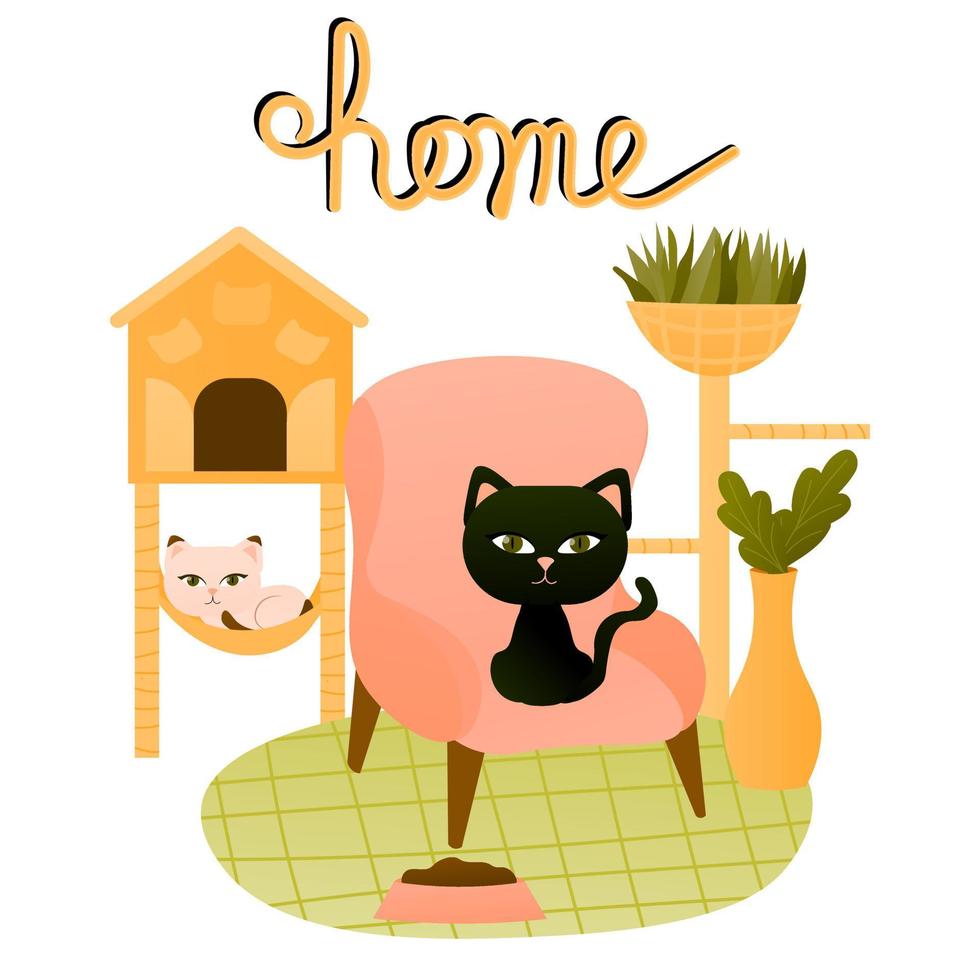 gatto Casa concetto con mano disegnato casa lettering isolato su bianca sfondo, gattino seduta nel poltrona vettore