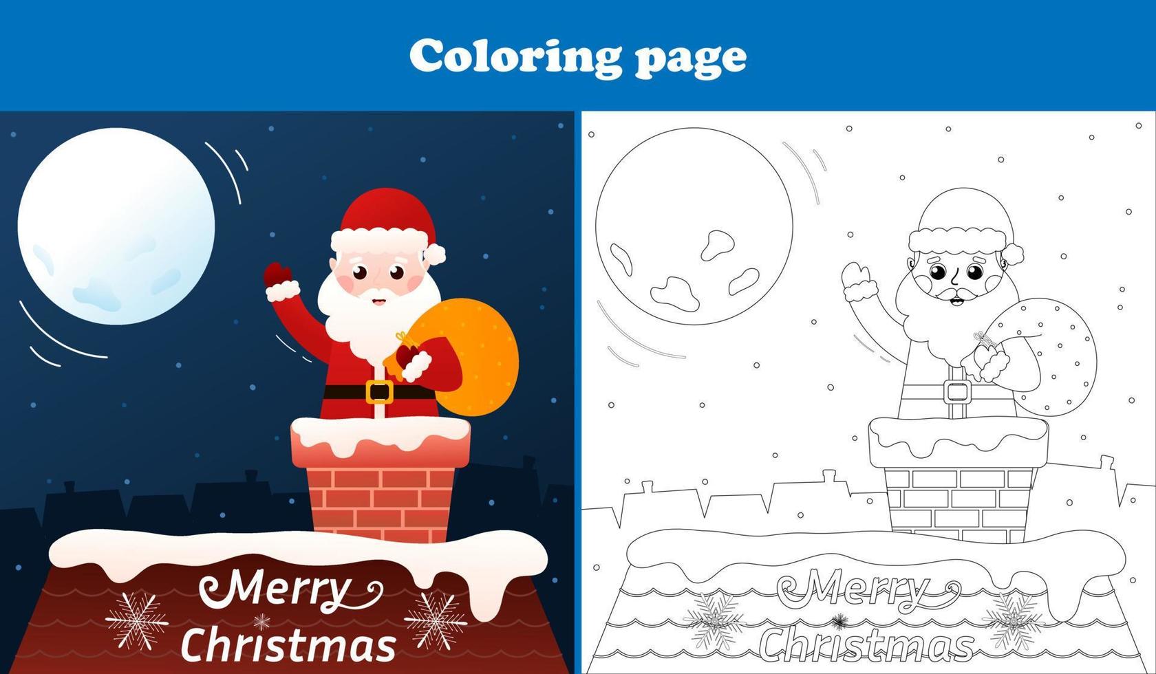 Santa Claus è In arrivo giù il camino colorazione pagina per Natale, stampabile foglio di lavoro per bambini nel cartone animato stile vettore