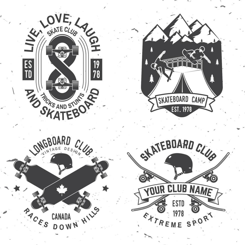 set di distintivi per skateboard e longboard club. illustrazione vettoriale