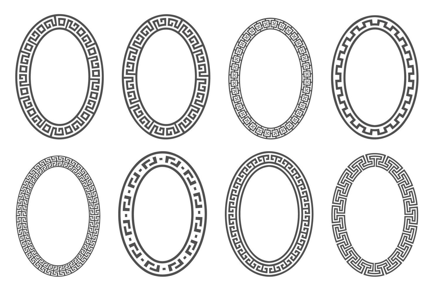 set cornice ovale chiave greca. bordi del cerchio con ornamenti a meandro. ellisse disegni antichi. vettore