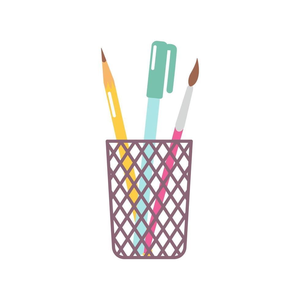 scrittura materiale nel Stazionario tazza. penna, matita e spazzola. vettore piatto illustrazione su bianca sfondo