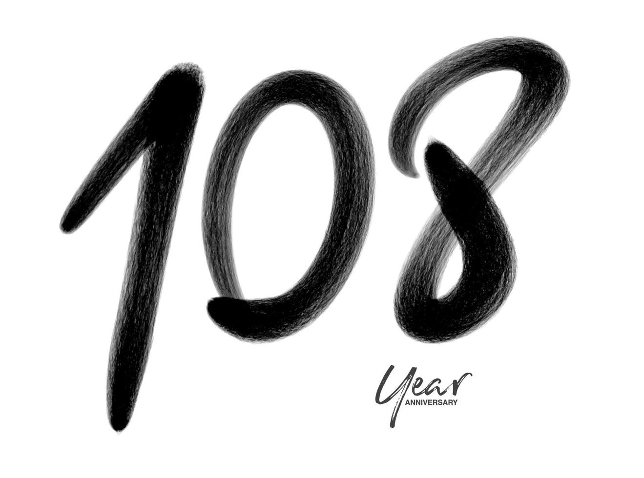 108 anni anniversario celebrazione vettore modello, 108 numero logo disegno, 108° compleanno, nero lettering numeri spazzola disegno mano disegnato schizzo, numero logo design vettore illustrazione