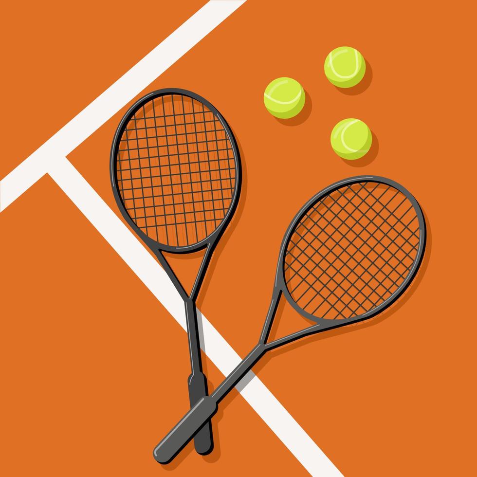 tennis. Due tennis racchette e tre palle su il Tribunale. sport. cartone animato vettore illustrazione.