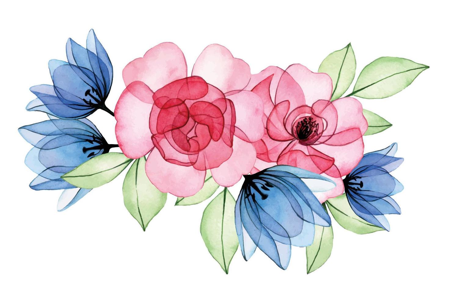 acquerello disegno. mazzo di trasparente fiori e rosa le foglie. rosa rosa e blu tulipani raggi X vettore