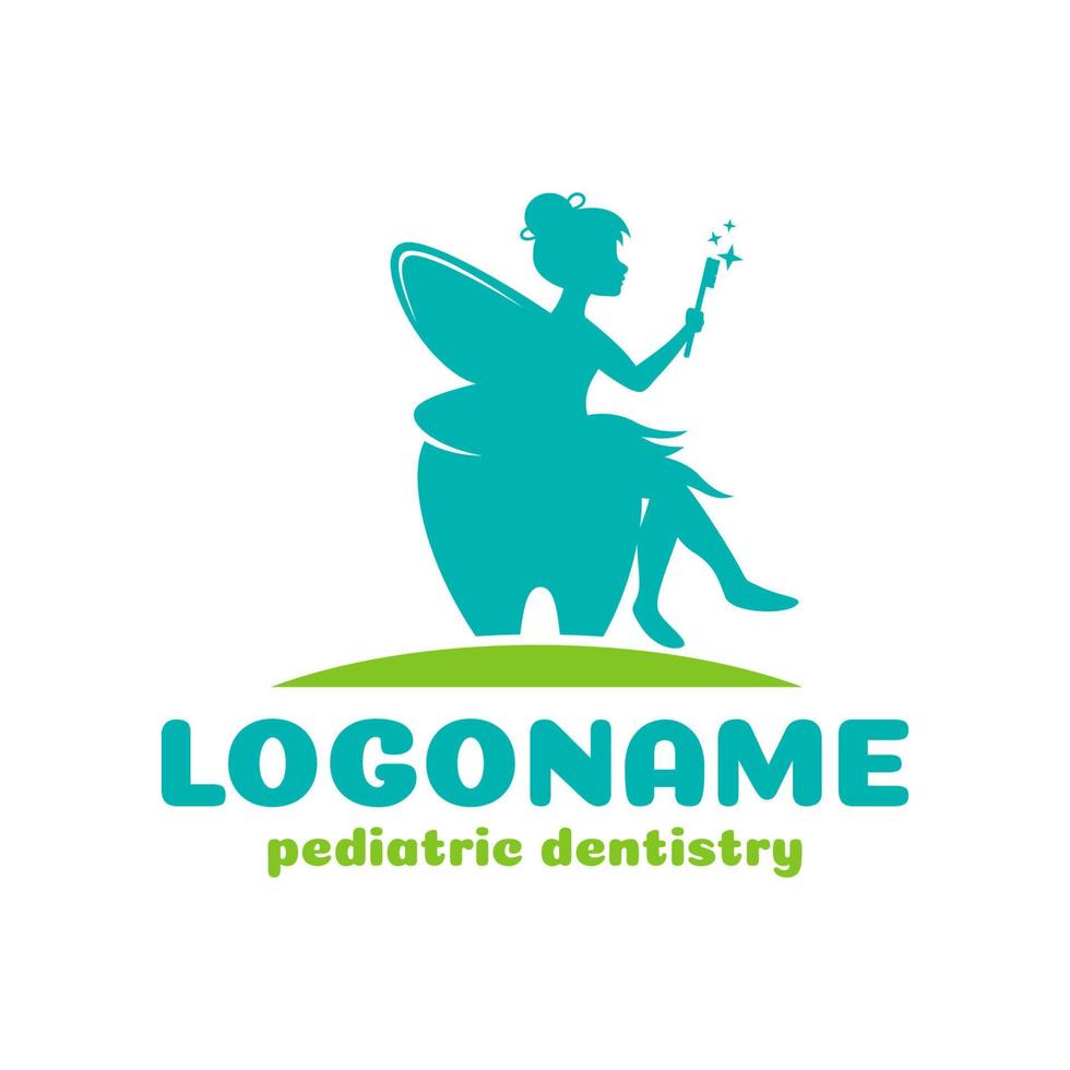 Fata seduta su denti, pediatrico odontoiatria logo modello, dentale logo vettore