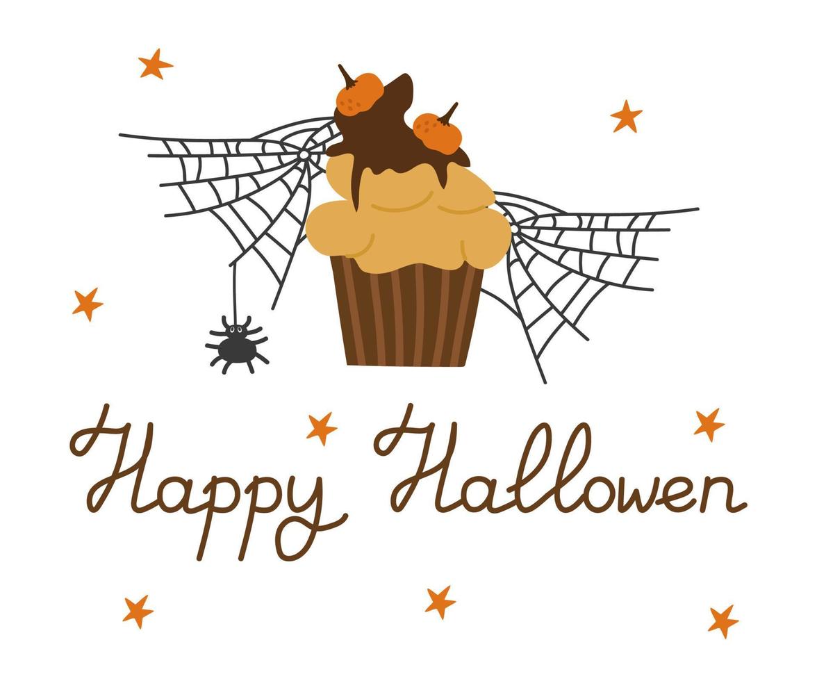 contento Halloween bandiera con zucca torta con stelle, ragnatele e testo per il vacanza. vettore illustrazione isolato per caduta design e arredamento.