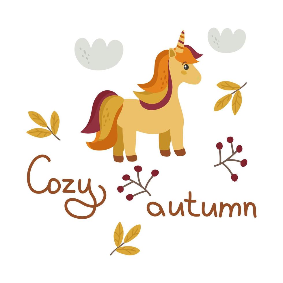 accogliente autunno cartolina con un' unicorno e nuvole, nel giallo-arancione toni, con un iscrizione, frutti di bosco e le foglie. vettore illustrazione per caldo autunno, decorazione, design o stampa su Abiti.