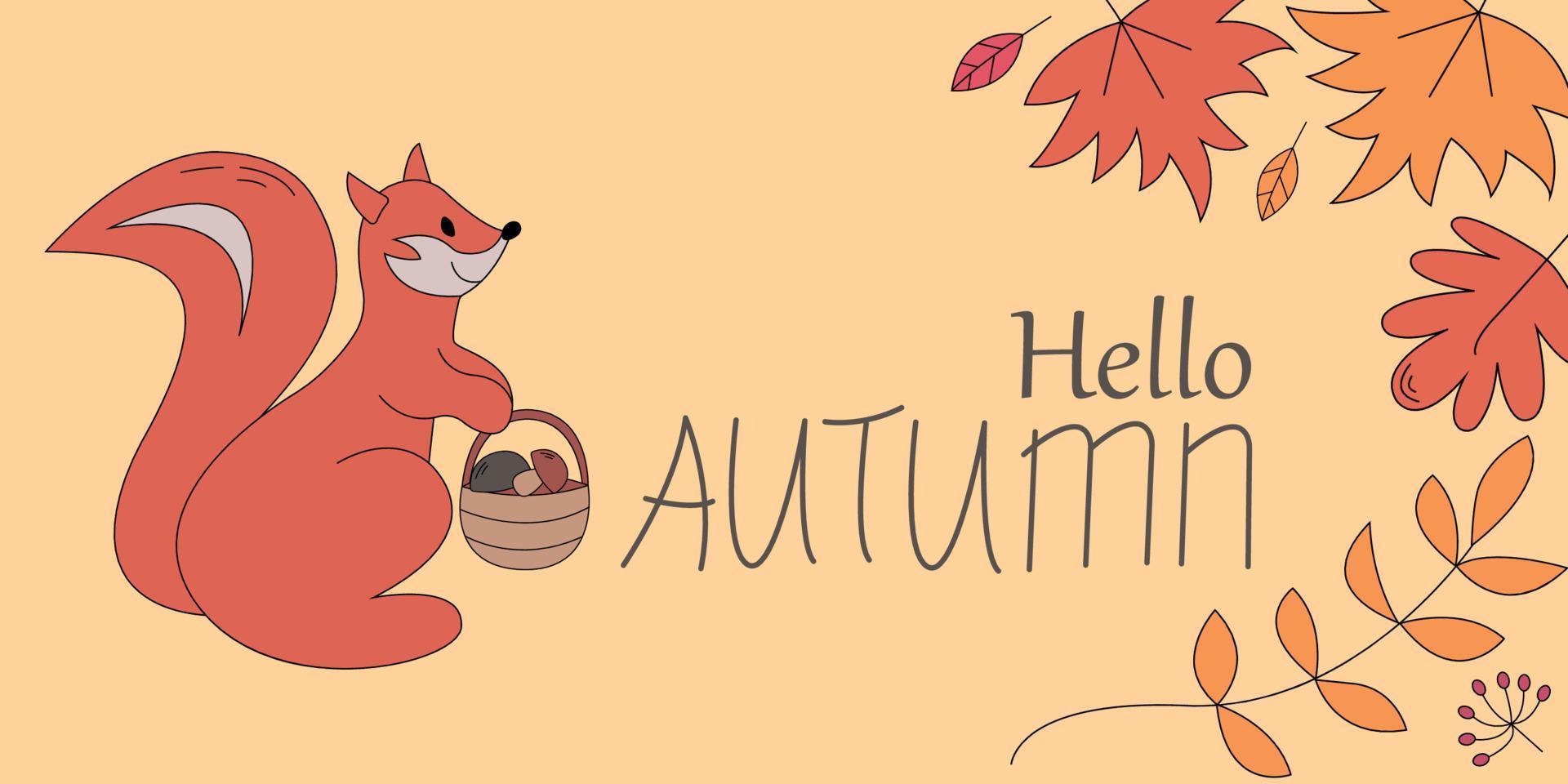 vettore autunno bandiera con contento scoiattolo con un' cestino nel il mani, luminosa caduta le foglie. carino infantile illustrazione con un' cartone animato carattere. saluto carta per il autunno stagione.
