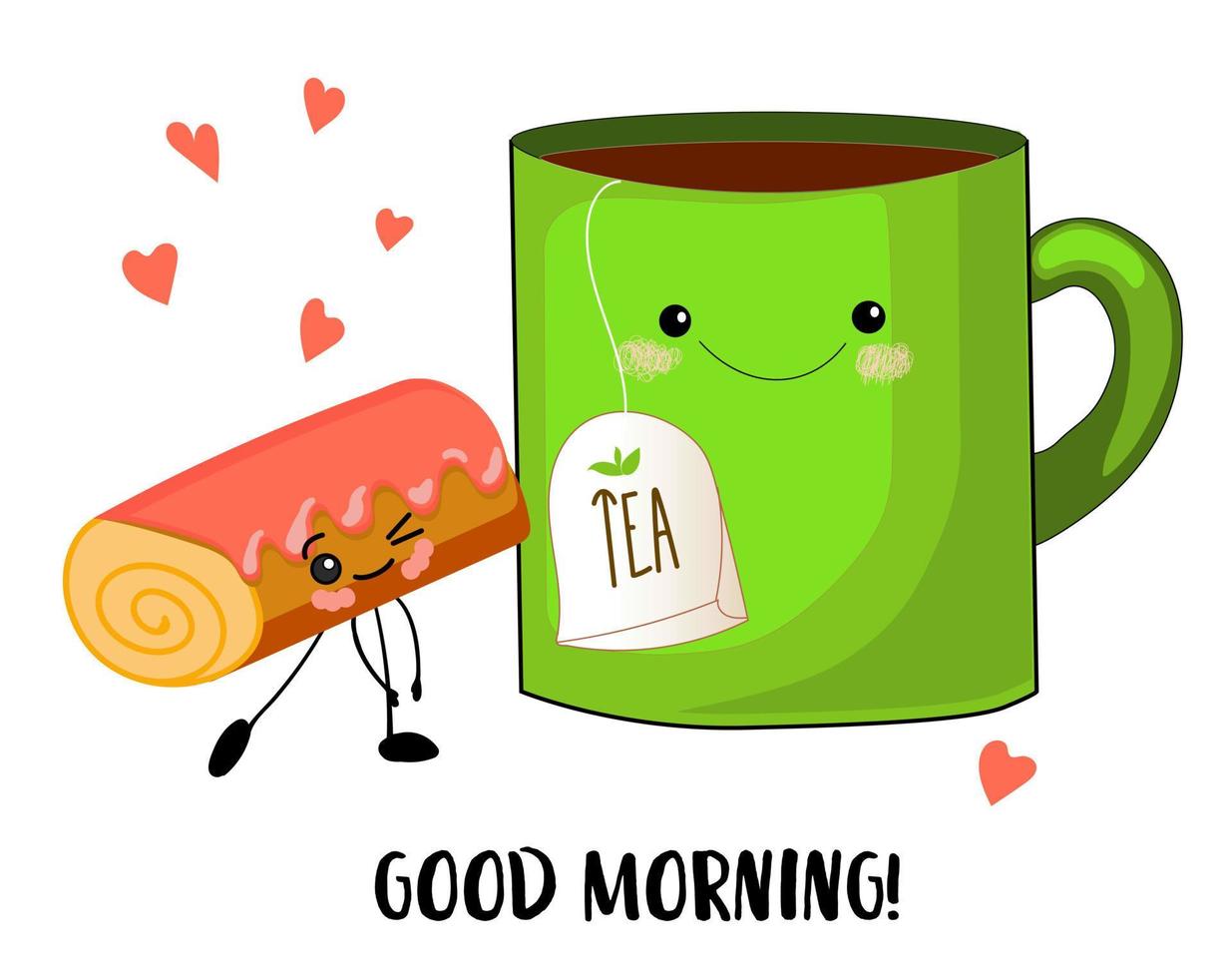 bene mattina. tazza di tè e biscotto rotolo. carino cartone animato kawaii personaggi su bianca sfondo. vettore