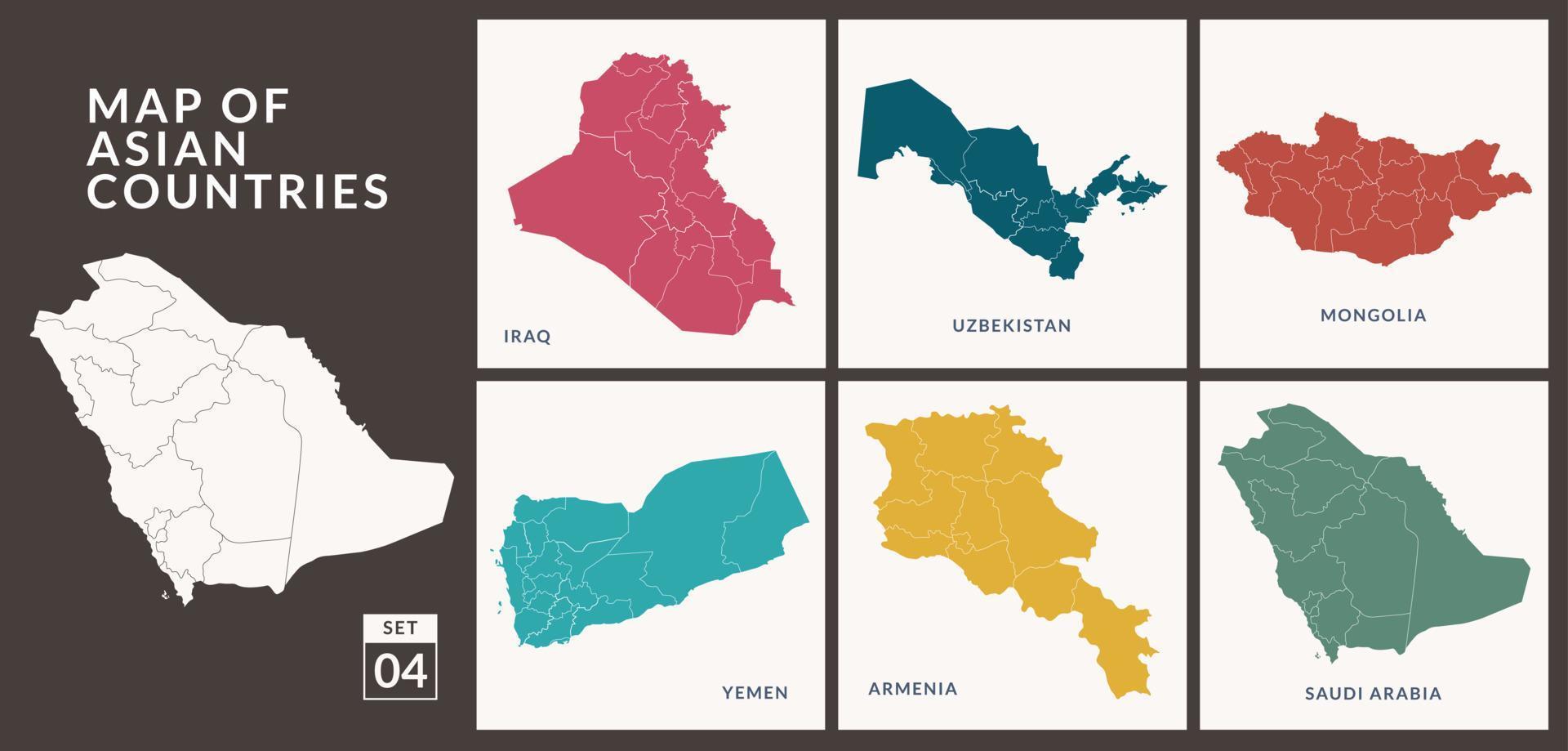 mappe di asiatico paesi Paesi, Arabia arabia, Iraq, uzbekistan, Mongolia, Yemen e armeni, vettore illustrazione.