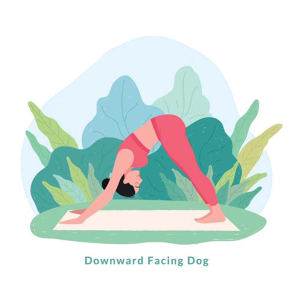 verso il basso di fronte cane yoga posa. giovane donna praticante yoga esercizio. vettore