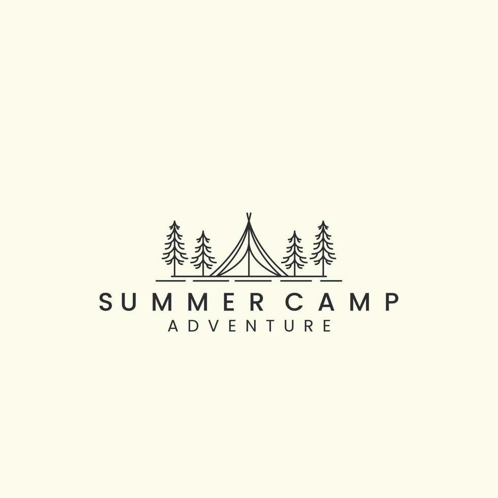 tenda logo con lineare vettore illustrazione, estate campo, albero icona modello design