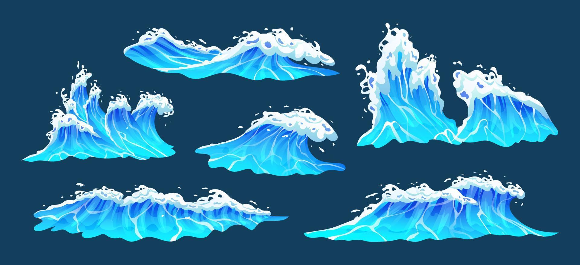 blu mare onde con bianca schiuma collezione. oceano onde, Surf e acqua spruzzi illustrazione impostato vettore