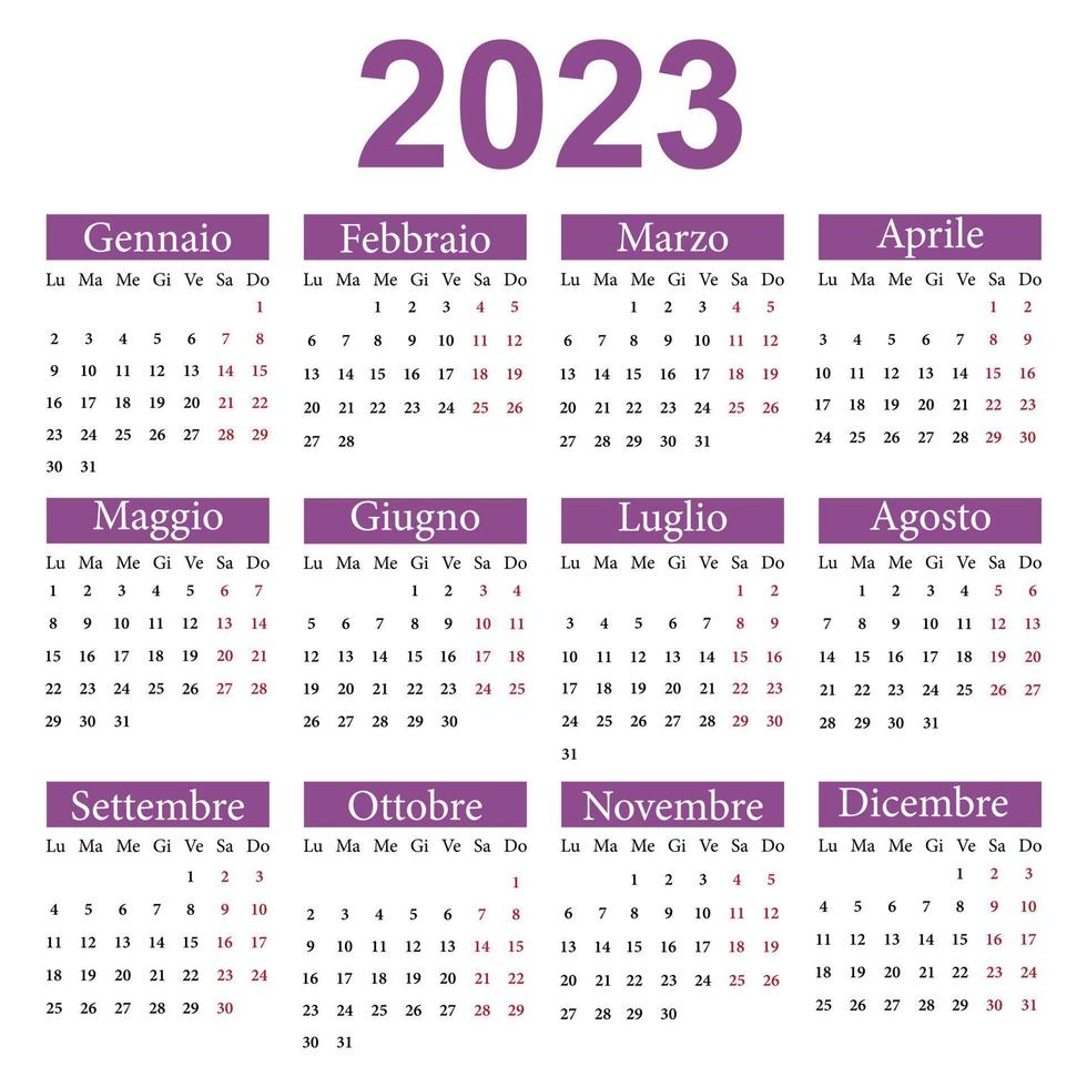 calendario nel italiano per 2023. il settimana inizia a partire dal lunedì. vettore illustrazione