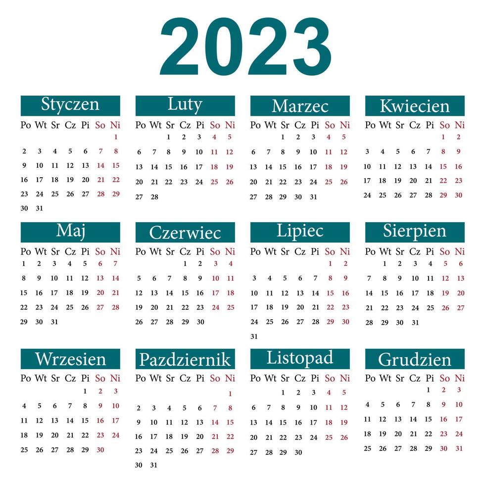 calendario nel polacco per 2023. il settimana inizia a partire dal lunedì. vettore illustrazione