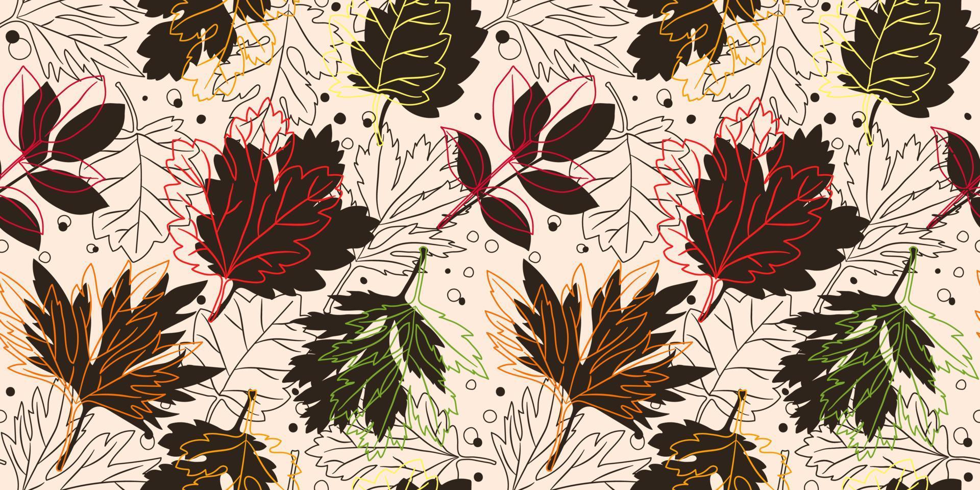 senza soluzione di continuità modello con contorno e sagome di autunno le foglie su beige sfondo. elegante sfondo, tessile, avvolgere design vettore