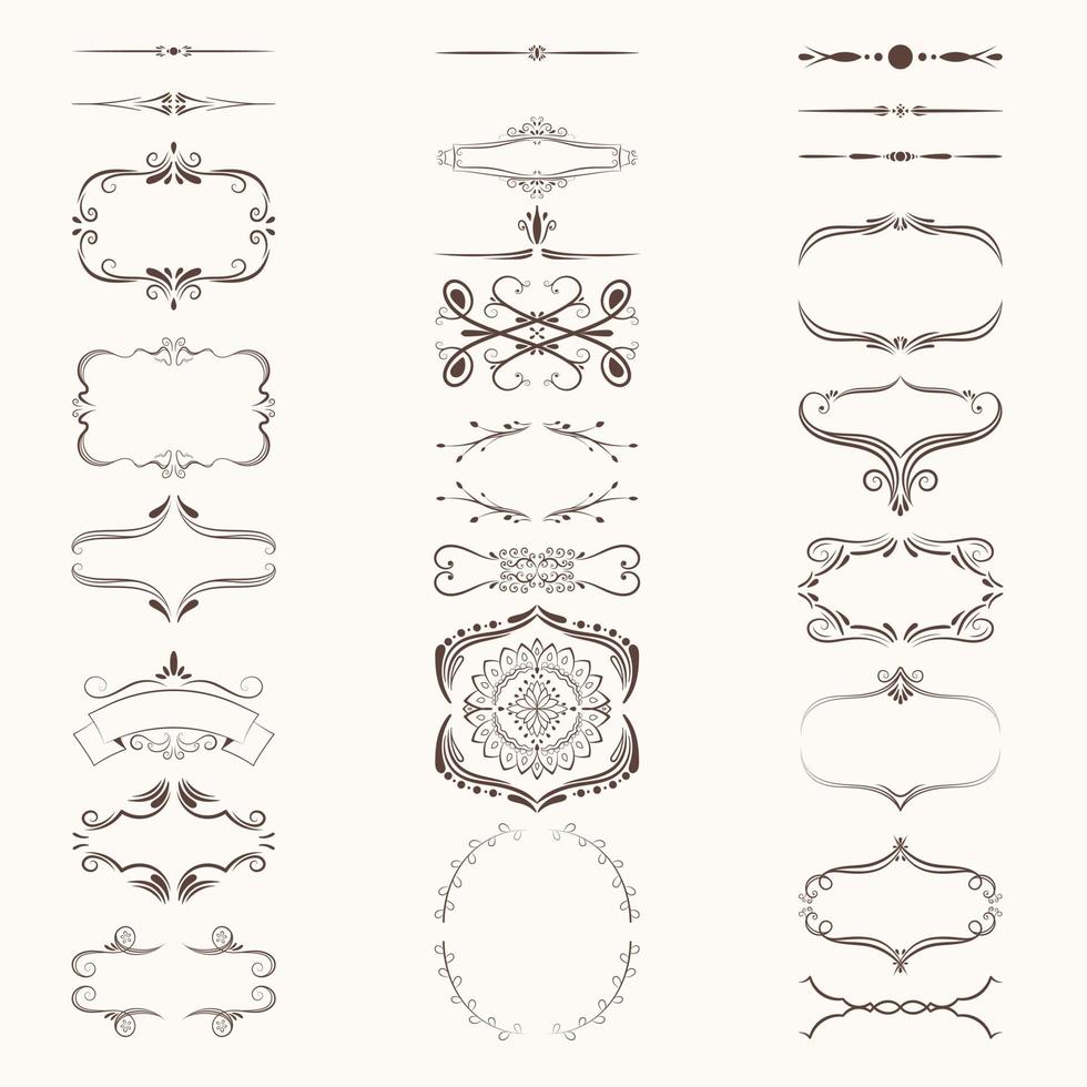 grande impostato di vettore decorativo elementi. frontiere, cornici, parentesi, rosette di vario forme per decorazione. vecchio stile Linee e calligrafico elementi per loghi, matrimoni, menu, ristoranti.