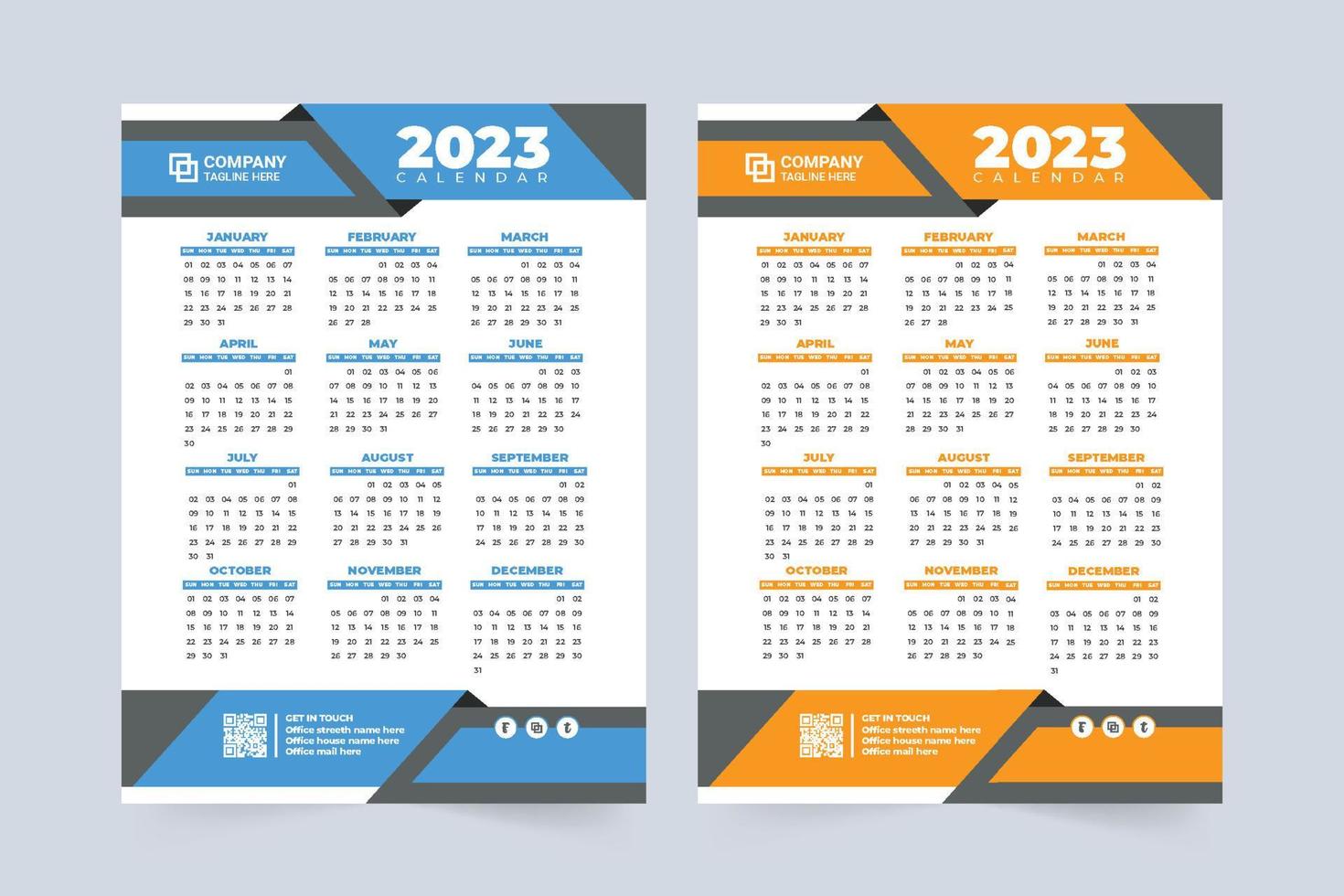 creativo calendario decorazione con astratto forme. aziendale parete calendario e ufficio organizzatore vettore. 2023 calendario design con blu e arancia colori per il nuovo anno. il settimana inizia su domenica. vettore