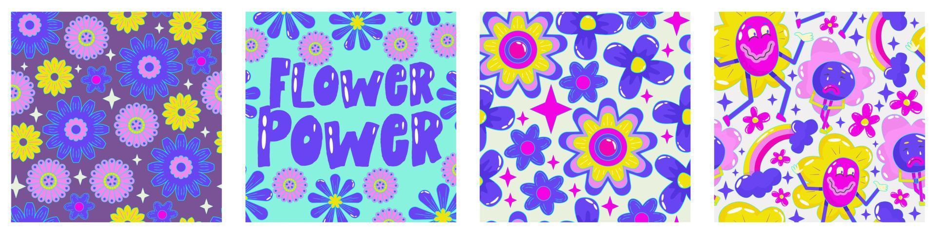 margherita flower power poster impostato per il design di stampa. modello psichedelico trippy astratto. forza dei fiori. illustrazione vettoriale divertente. poster retrò del 1990 per il design della maglietta.