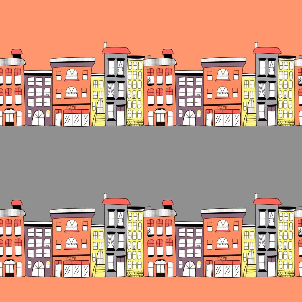 vettore senza soluzione di continuità modello con colorato carino scarabocchio stile case su un' colorato sfondo, colorato città strada. figli di illustrazione per cartoline, confezione, sfondo, tessuti