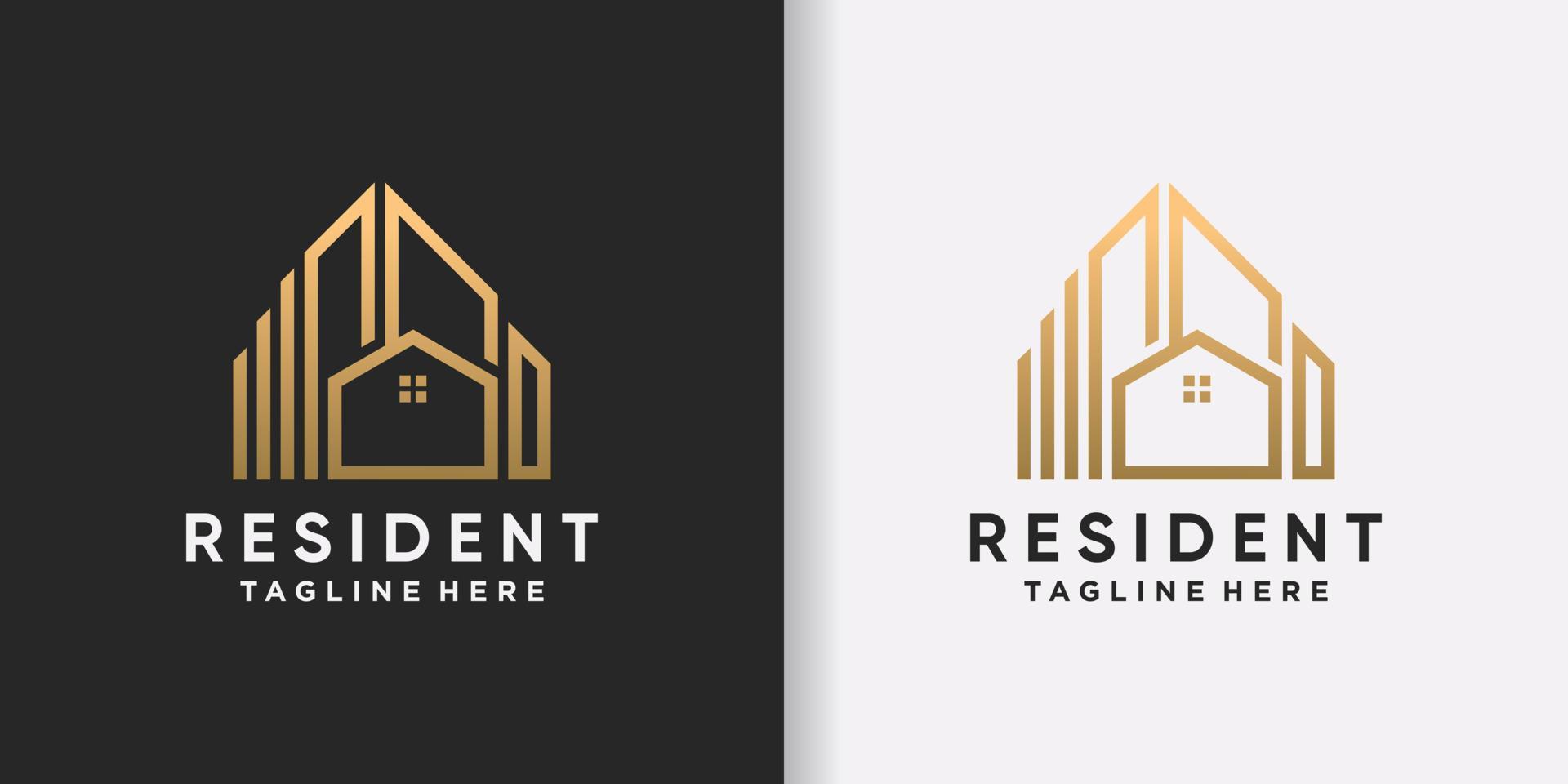 creativo residente logo design modello con linea arte stile e d'oro colore premio vettore