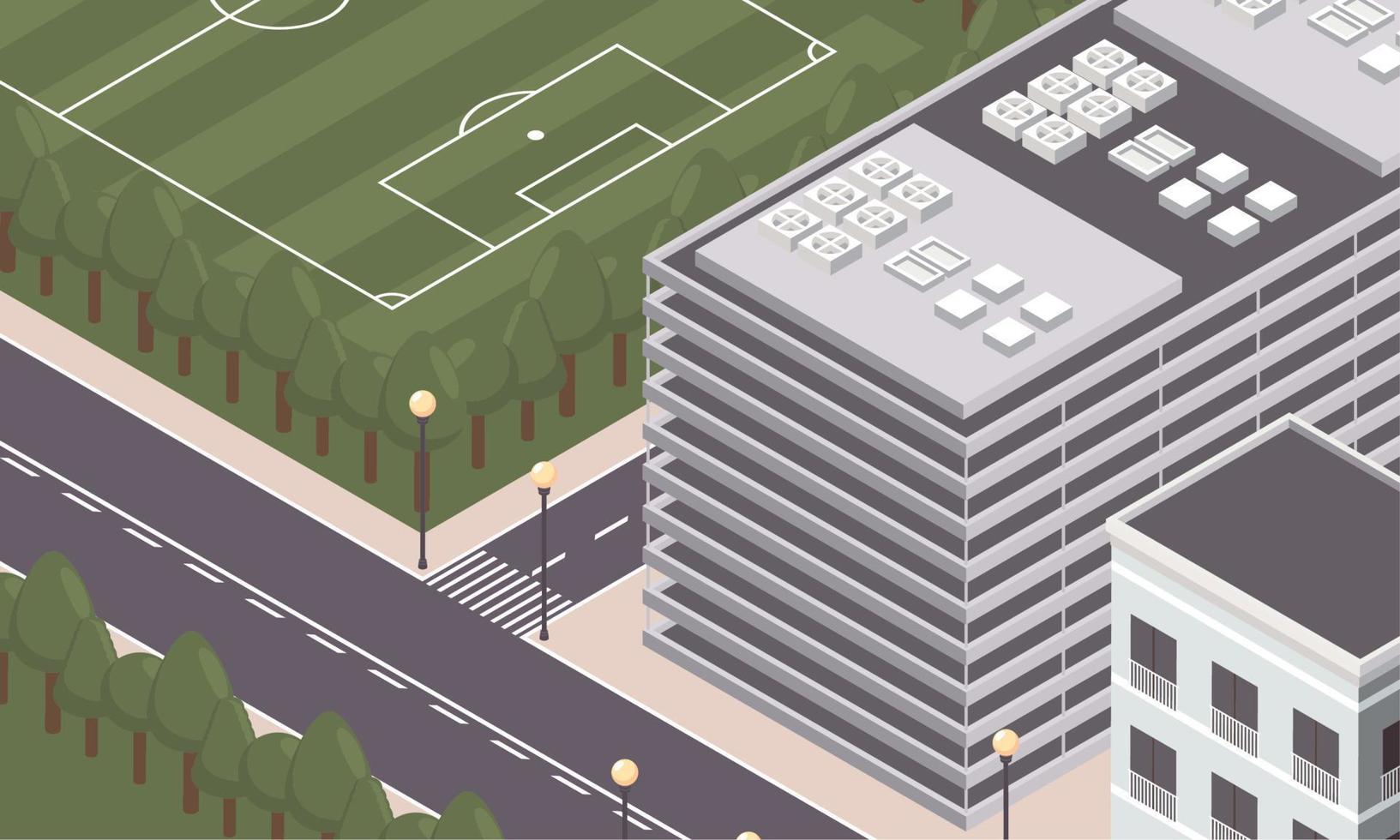 isometrico edificio e calcio campo vettore