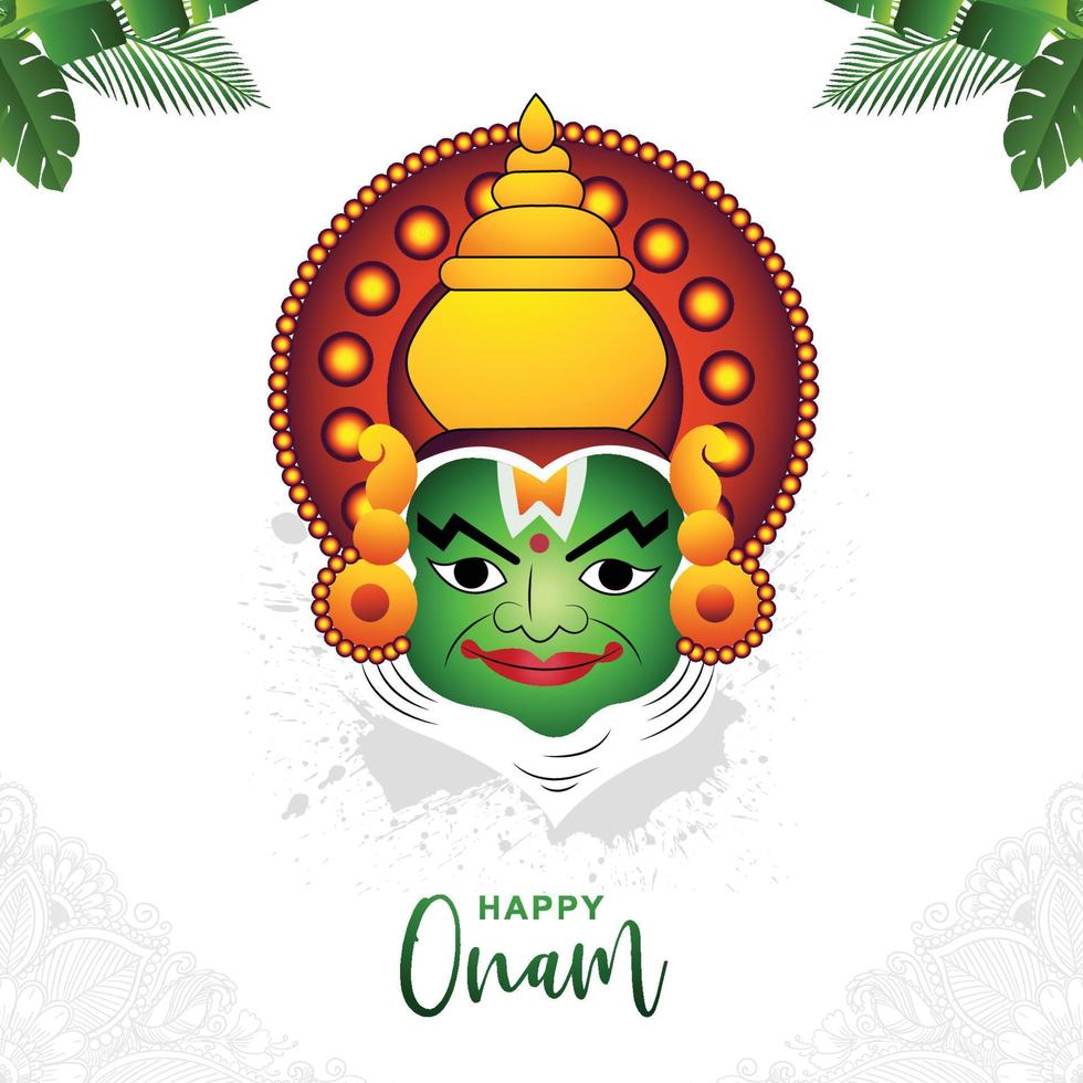 illustrazione di saluto carta per Sud indiano Festival onam con kathakali viso sfondo vettore