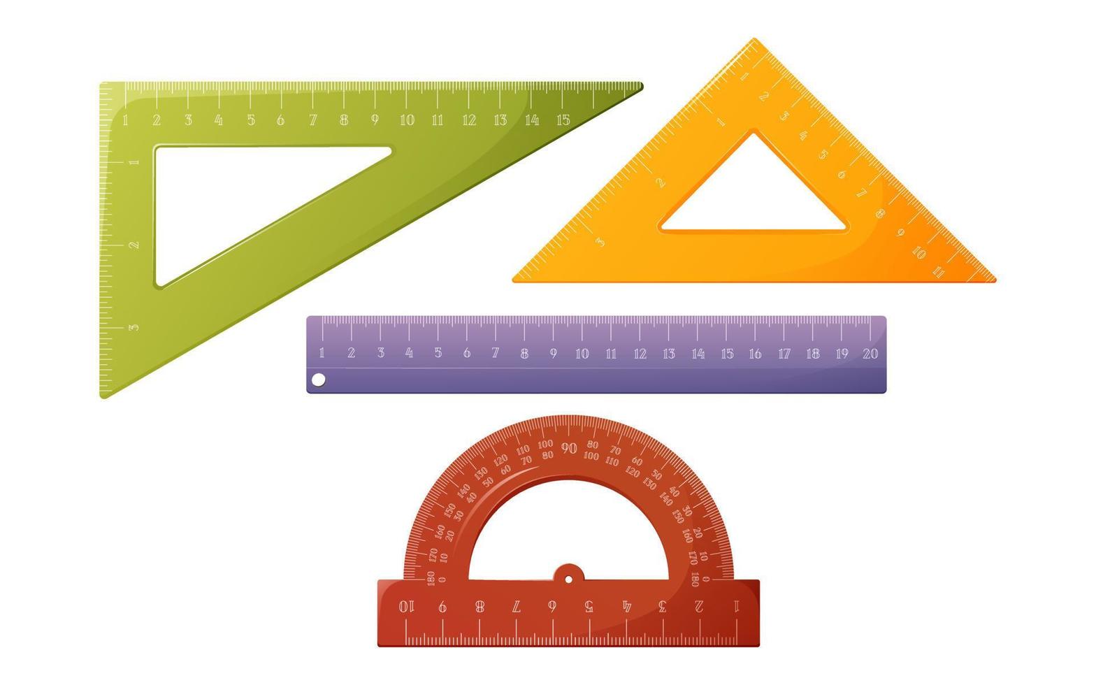 impostato di governanti, semicircolare, triangolo, dritto, goniometro, vettore illustrazione. attrezzo per disegno, ingegneri, geometria Lezioni, matematica. il concetto di apprendimento a scuola, Università.