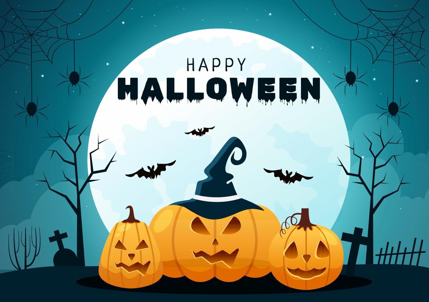 contento Halloween modello sfondo mano disegnato cartone animato piatto illustrazione con zucche, pipistrelli e buio castello su pieno Luna per Inserisci il tuo design stile vettore