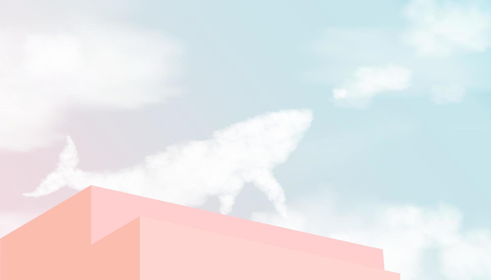 soffice nube nel balena forma volante su per rosa, blu cielo con 3d beige podio passo, vettore bandiera con palcoscenico vetrina modello, Schermo carino cartone animato natura cielo decorazione per ragnatela bandiera sfondo