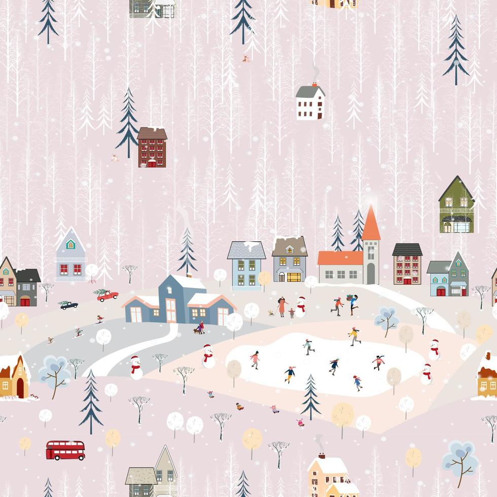 senza soluzione di continuità modello inverno paesaggio, festeggiare Natale e nuovo anno 2023 nel villaggio a notte con contento persone giocando ghiaccio pattinare nel il parco, vettore orizzontale bandiera inverno Paese delle meraviglie nel campagna