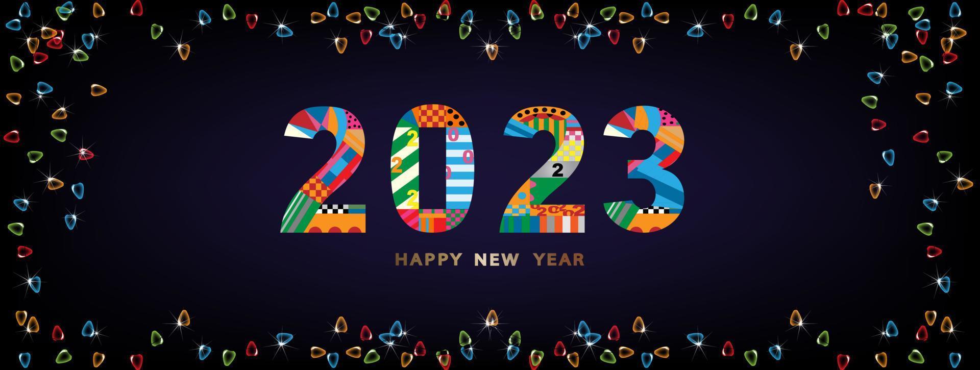 contento nuovo anno 2023 con leggero bulbi telaio su buio blu sfondo, vettore bandiera fondale creativo design per saluto scritte, volantini, manifesti, striscioni, brochure e calendario