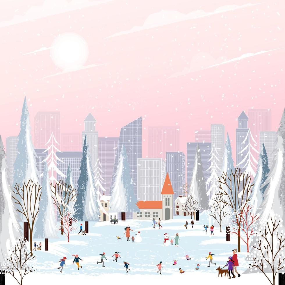 inverno città paesaggio su Natale con contento folla persone festeggiare nel il parco a notte, cartone animato saluto carta inverno sfondo con nevicando, bambini avendo divertimento giocando all'aperto nel nuovo anno 2023 vettore