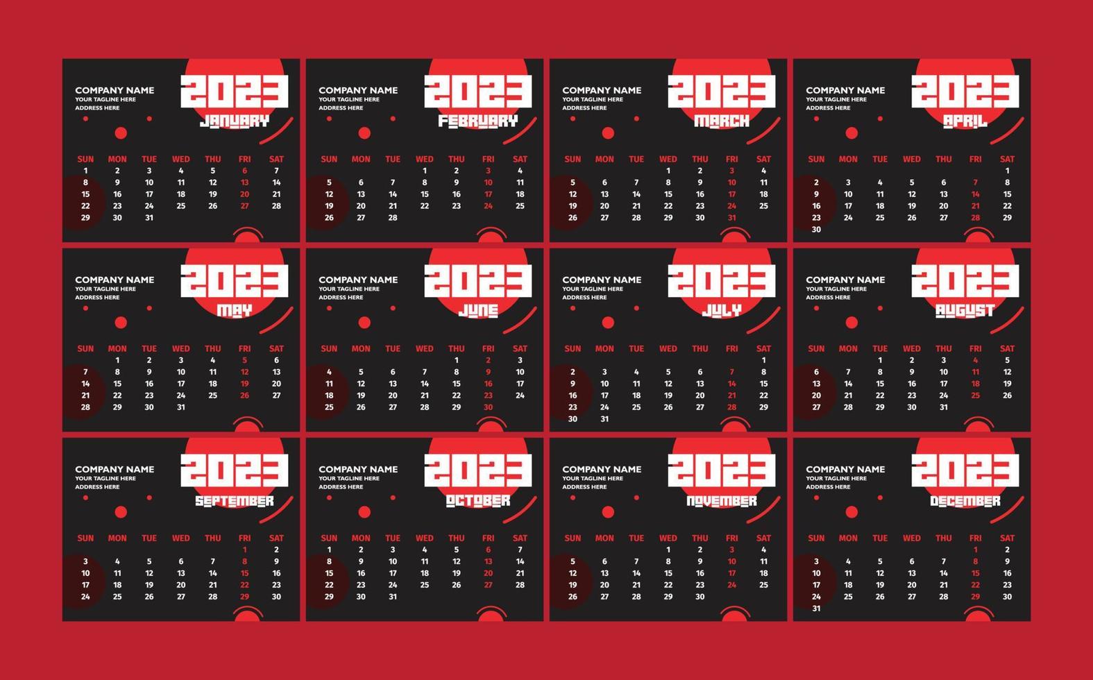 annuale calendario 2023 Stampa pronto eps vettore modello, 12 mesi calendario.