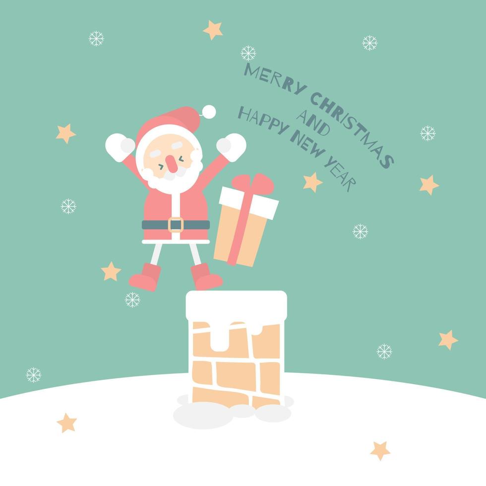 allegro Natale e contento nuovo anno con carino Santa Claus e presente regalo con camino nel il inverno stagione verde sfondo, piatto vettore illustrazione cartone animato personaggio costume design