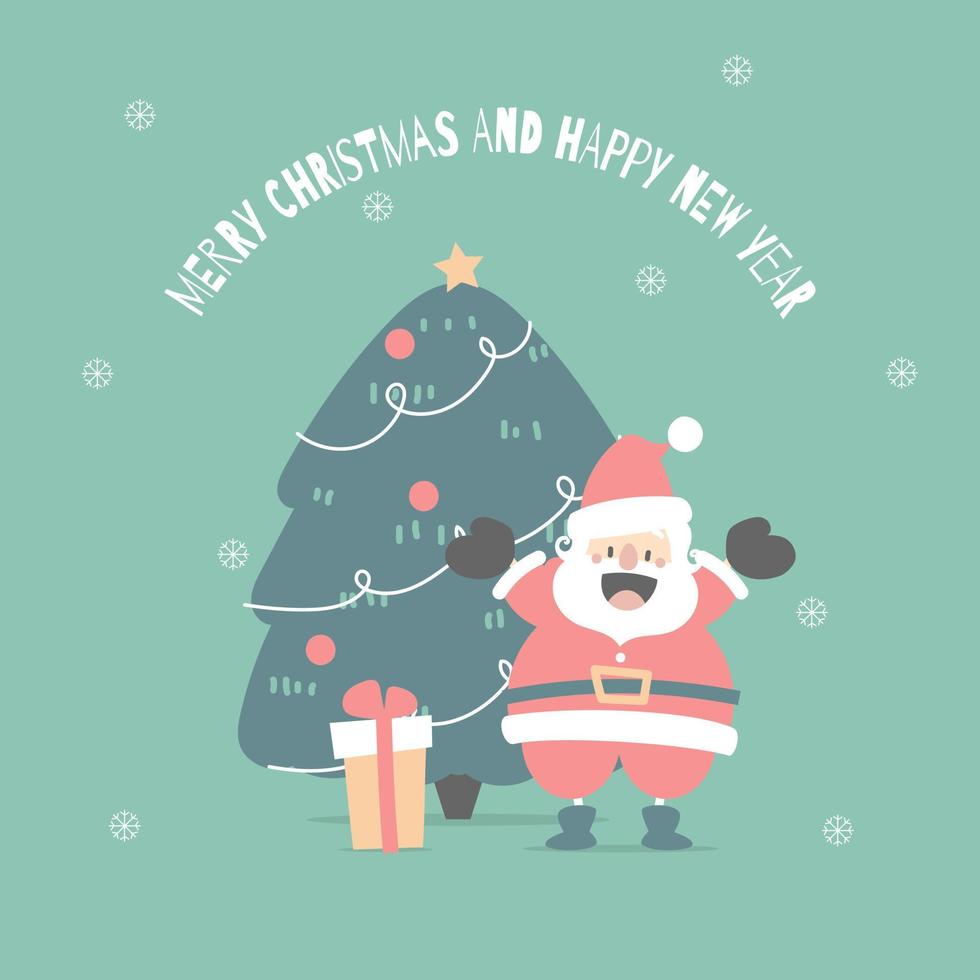 allegro Natale e contento nuovo anno con carino Santa Claus e Natale albero pino nel il inverno stagione verde sfondo, piatto vettore illustrazione cartone animato personaggio costume design