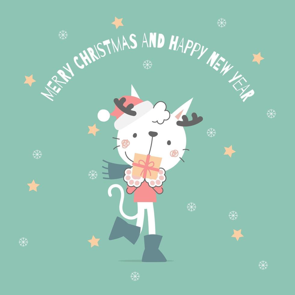 allegro Natale e contento nuovo anno con carino bianca gatto e regalo scatola presente nel il inverno stagione verde sfondo, piatto vettore illustrazione cartone animato personaggio costume design