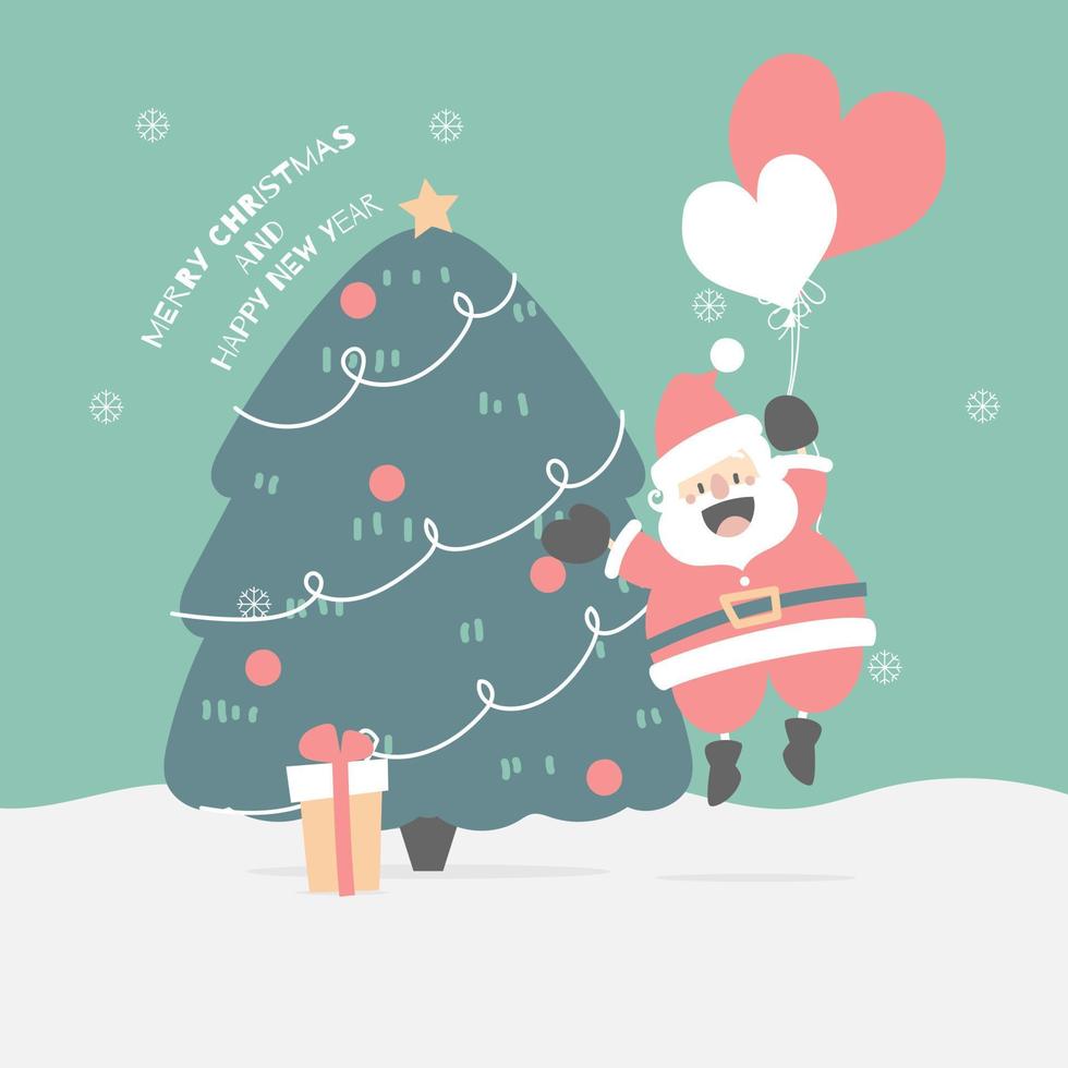 allegro Natale e contento nuovo anno con carino Santa Claus Tenere Palloncino e Natale albero pino nel il inverno stagione verde sfondo, piatto vettore illustrazione cartone animato personaggio costume design