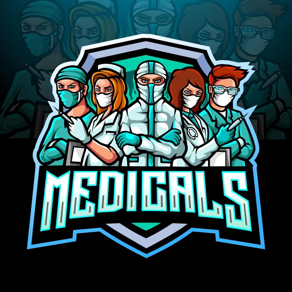 il portafortuna esport logo di il medico squadra combattente il corona impronta virale vettore