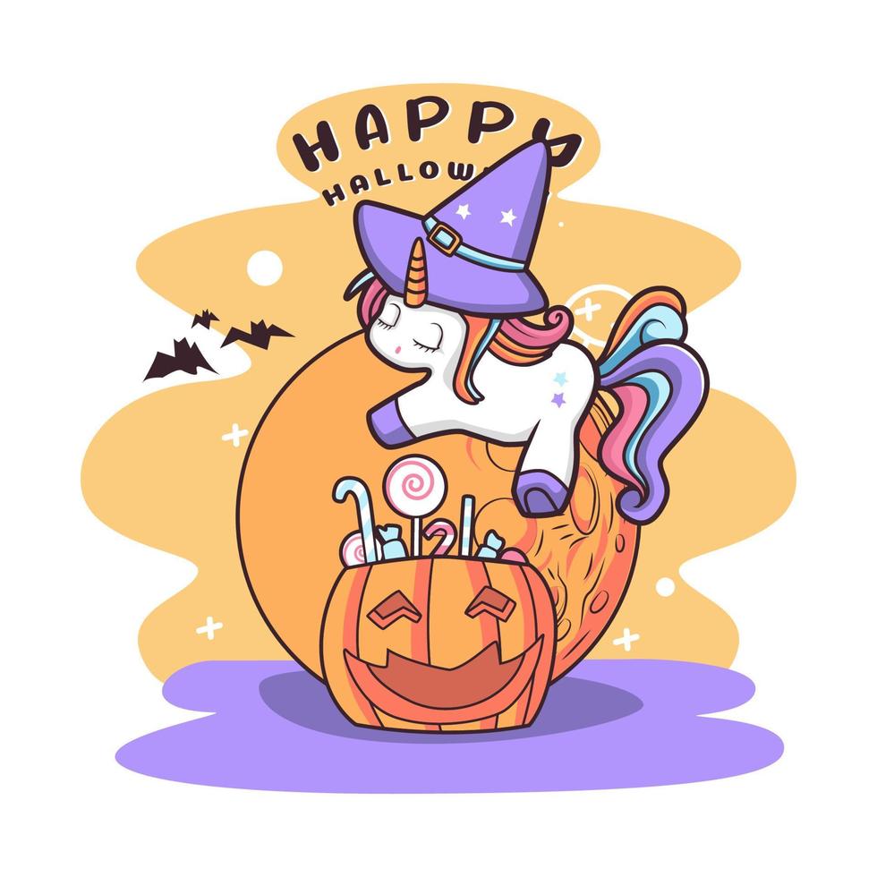 addormentato unicorno carino Helloween illustrazione design vettore