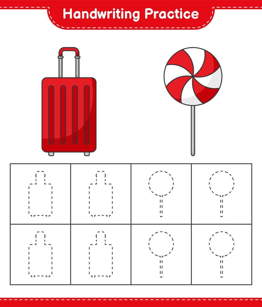 grafia la pratica. tracciato Linee di caramella e viaggio Borsa. educativo bambini gioco, stampabile foglio di lavoro, vettore illustrazione