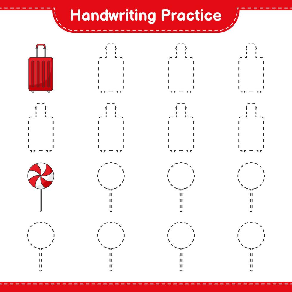 grafia la pratica. tracciato Linee di caramella e viaggio Borsa. educativo bambini gioco, stampabile foglio di lavoro, vettore illustrazione