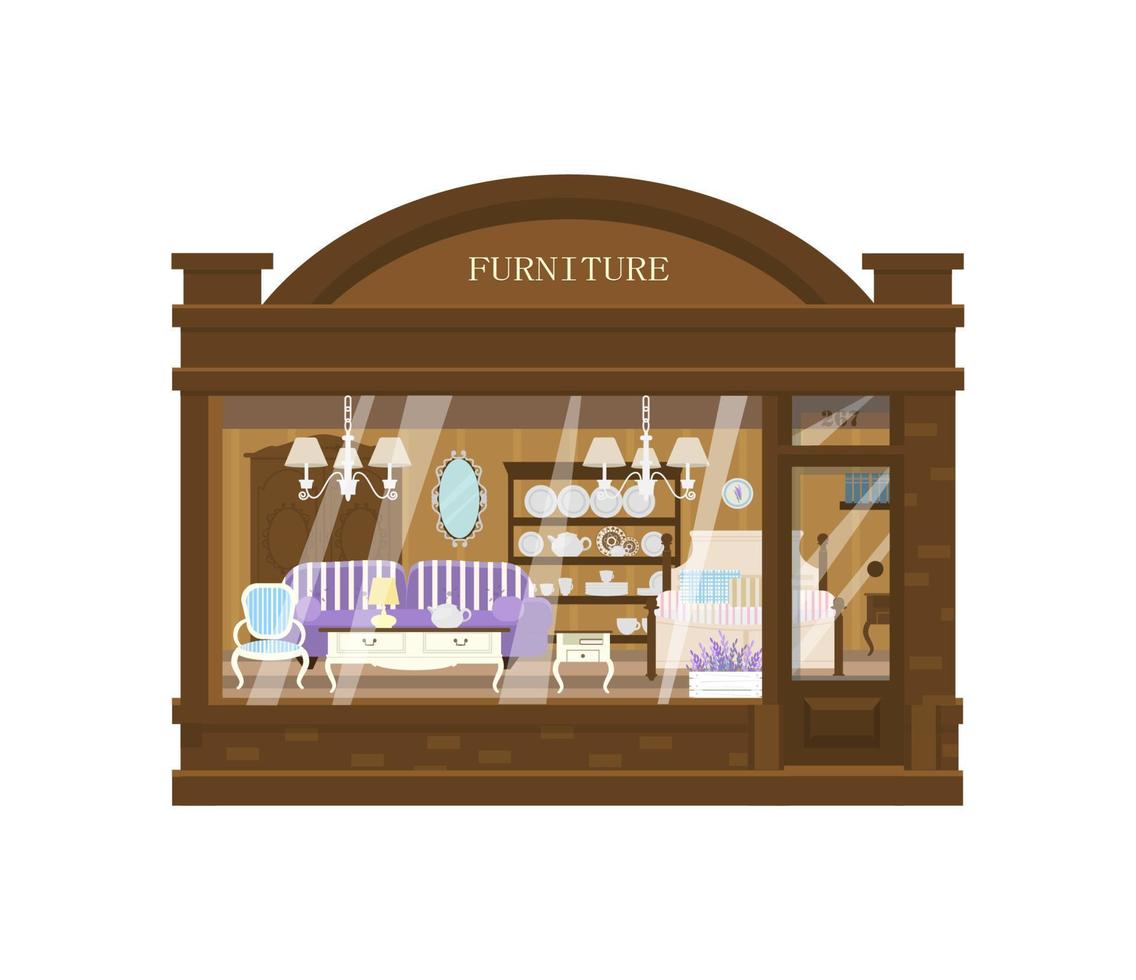 mobilia negozio esterno. vetrina con letto, divano, poltrona, specchio, tavolo, credenza eccetera. nel provence stile. piccolo attività commerciale. piatto vettore illustrazione.