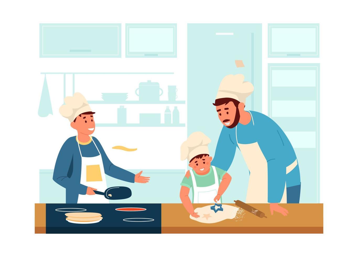 papà nel grembiule e dello chef cappello cucinando con figli maschi nel il cucina. fabbricazione Pancakes e biscotti con bambini. famiglia attività. piatto vettore illustrazione.