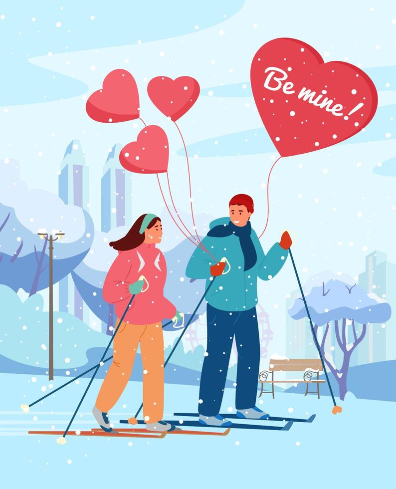 santo San Valentino giorno saluto carta vettore design. coppia nel amore sciare nel inverno parco con cuore sagomato palloncini sotto nevicata.