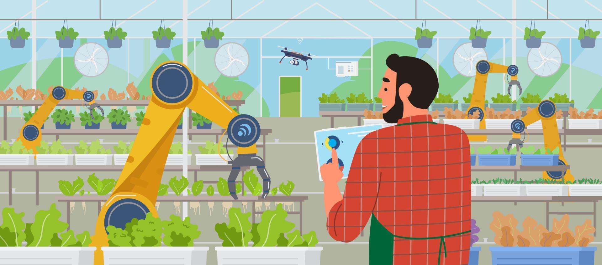 inteligente serra e agricoltura. contadino Tenere tavoletta gestione serra con mobile App per a distanza controllo. insalata piantagioni e agricoltura automatizzato robot e droni piatto vettore illustrazione.